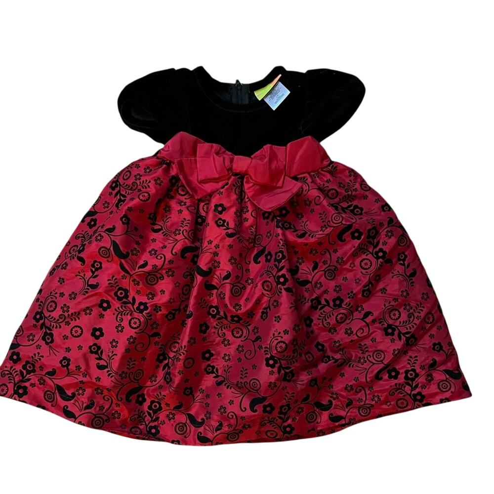 Elegant Penelope Mack Red & Black Velvet Floral Toddler Dress | 2T